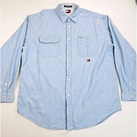 Tommy Jeans Size Large Men's Blue Denim Style Embroidered Neck Pocket Logo Shirt - Picture 1 of 11